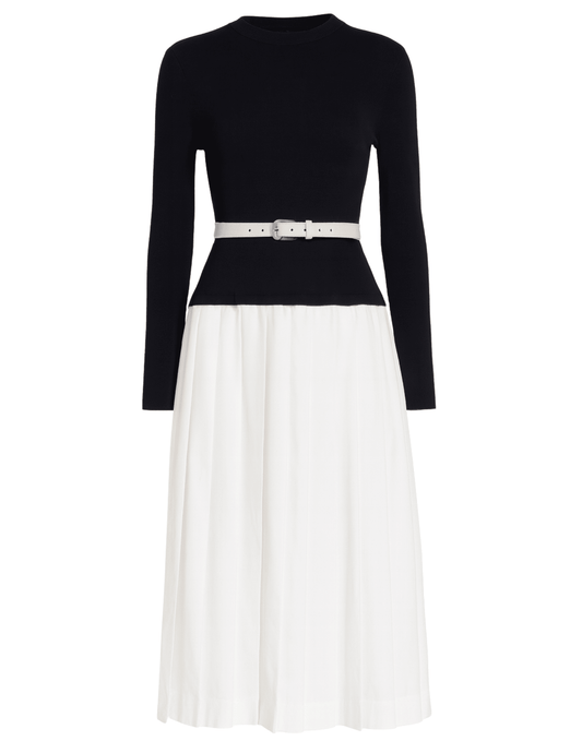 Simkhai Heather Knit Poplin Belted Dress in black and white with contrast skirt and belt