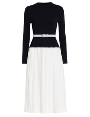 Simkhai Heather Knit Poplin Belted Dress in black and white with contrast skirt and belt