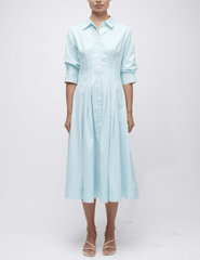 Front view of sky blue Simkhai midi dress with A-line shape