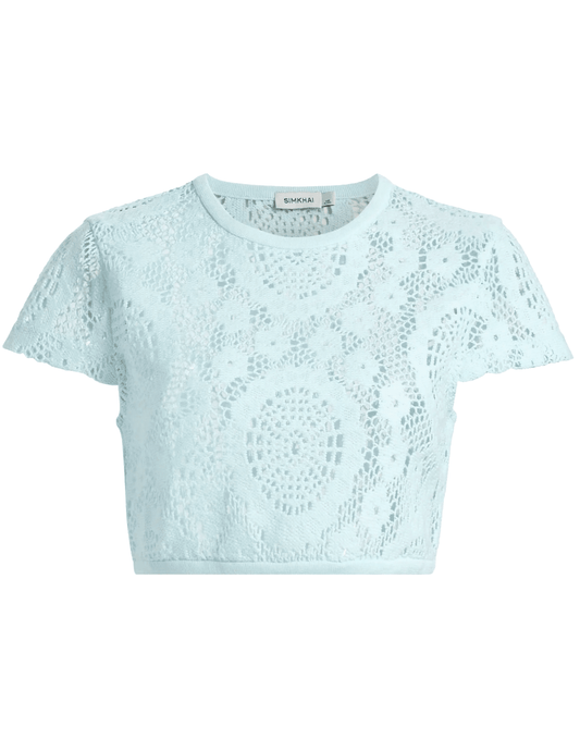 Simkhai Lidie Crochet Short Sleeve Crop Top in Sky