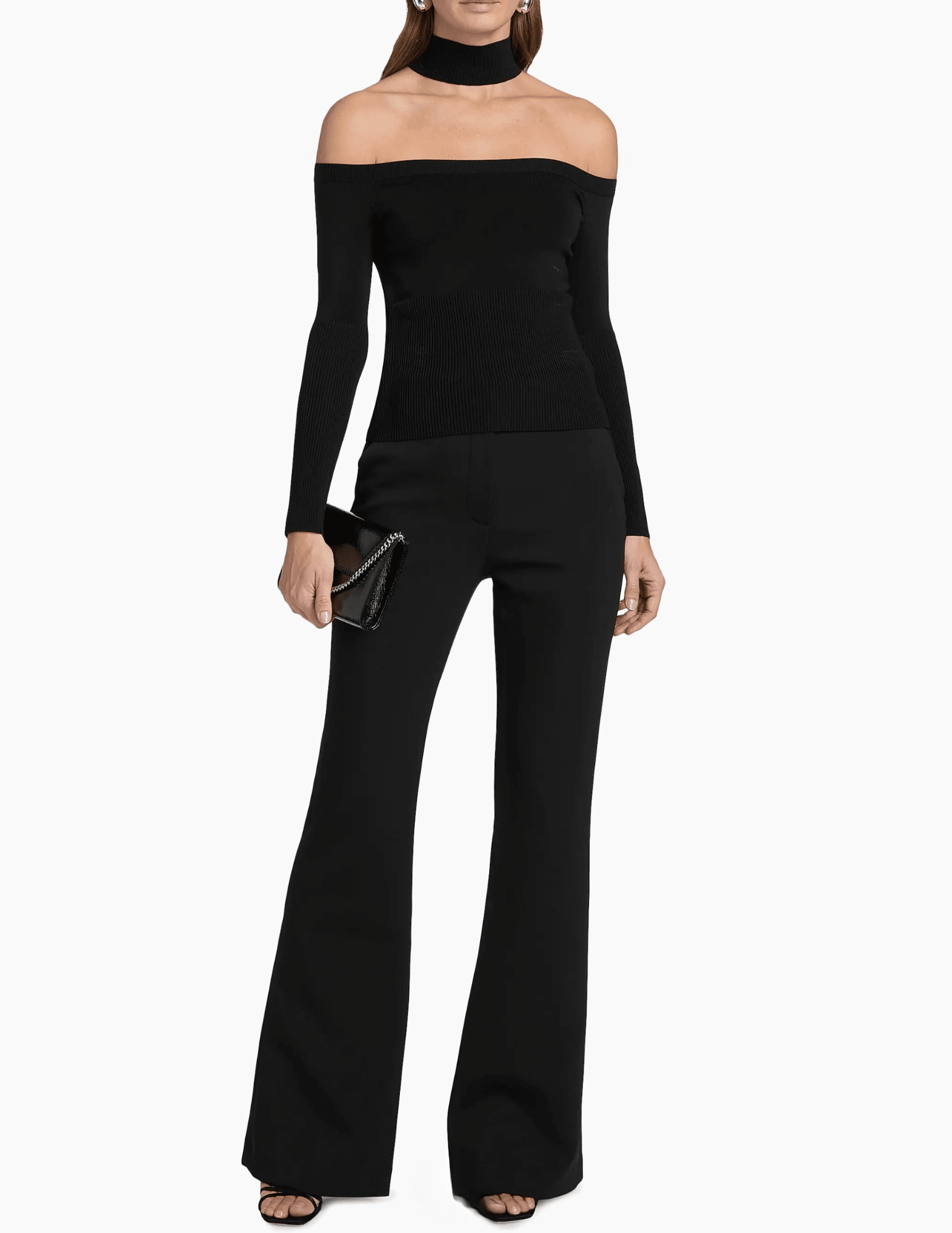 Full body view of SIMKHAI Lila Black Cold Shoulder Top