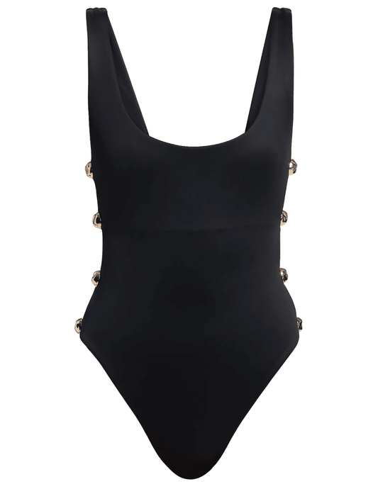 Front view of Simkhai Mona Scoop Neck One Piece Swimsuit in Black