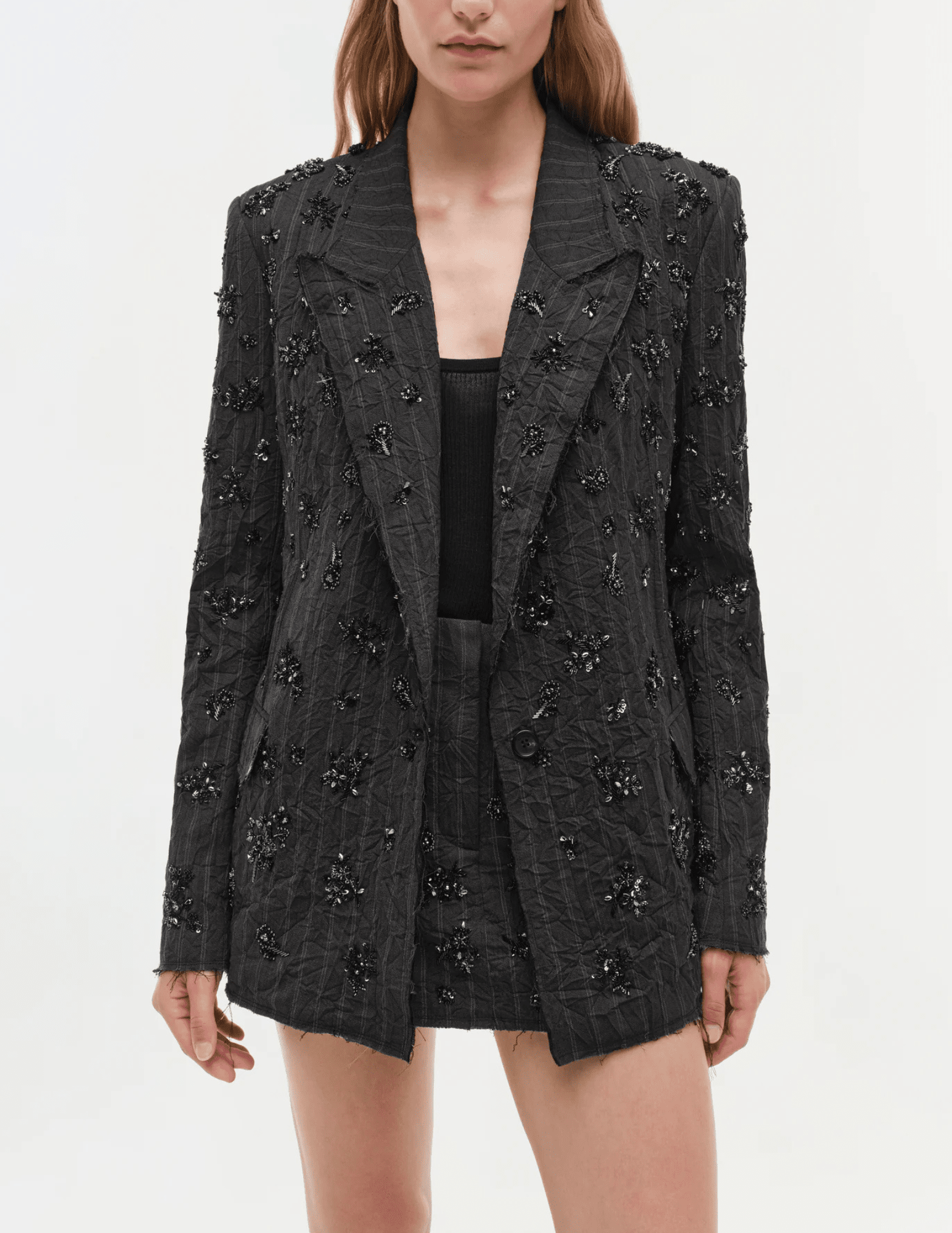 Simkhai Murphy Embellished Blazer in Charcoal Stripe with floral detailing.