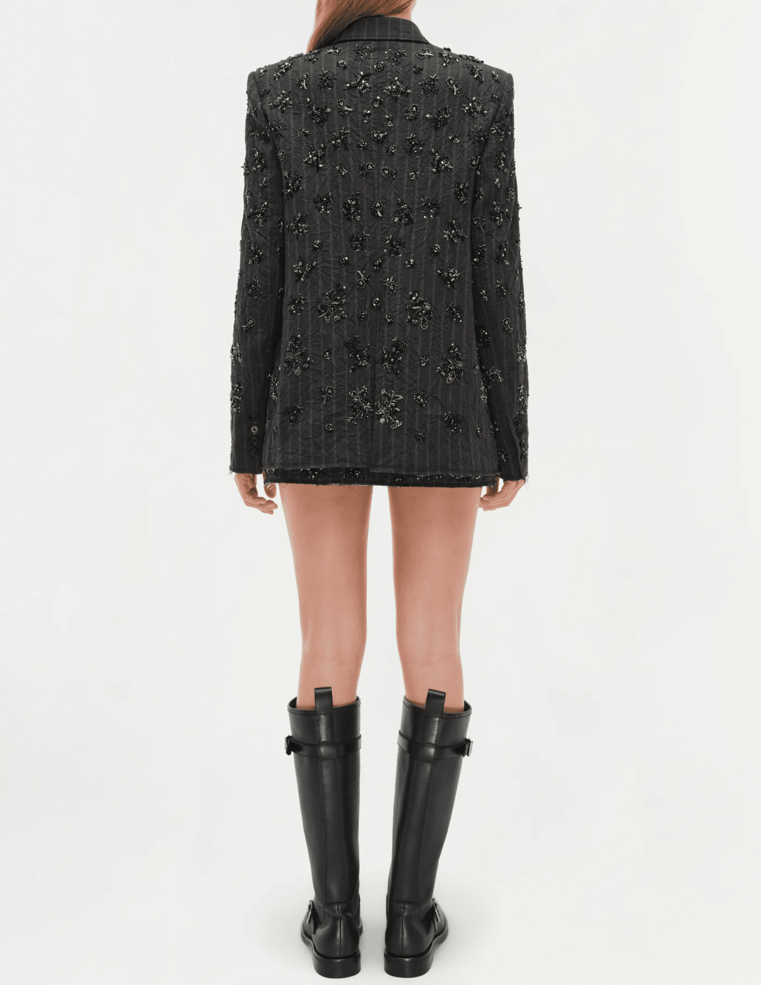 Simkhai Murphy Embellished Blazer in Charcoal Stripe with floral detailing.