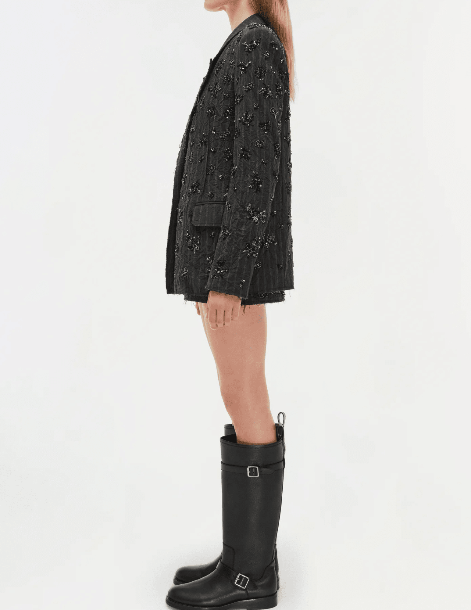 Simkhai Murphy Embellished Blazer in Charcoal Stripe with floral detailing.