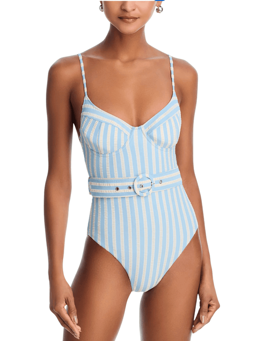 Front view of Simkhai Noa Bustier One Piece Swimsuit in Hydrangea Blue Stripe