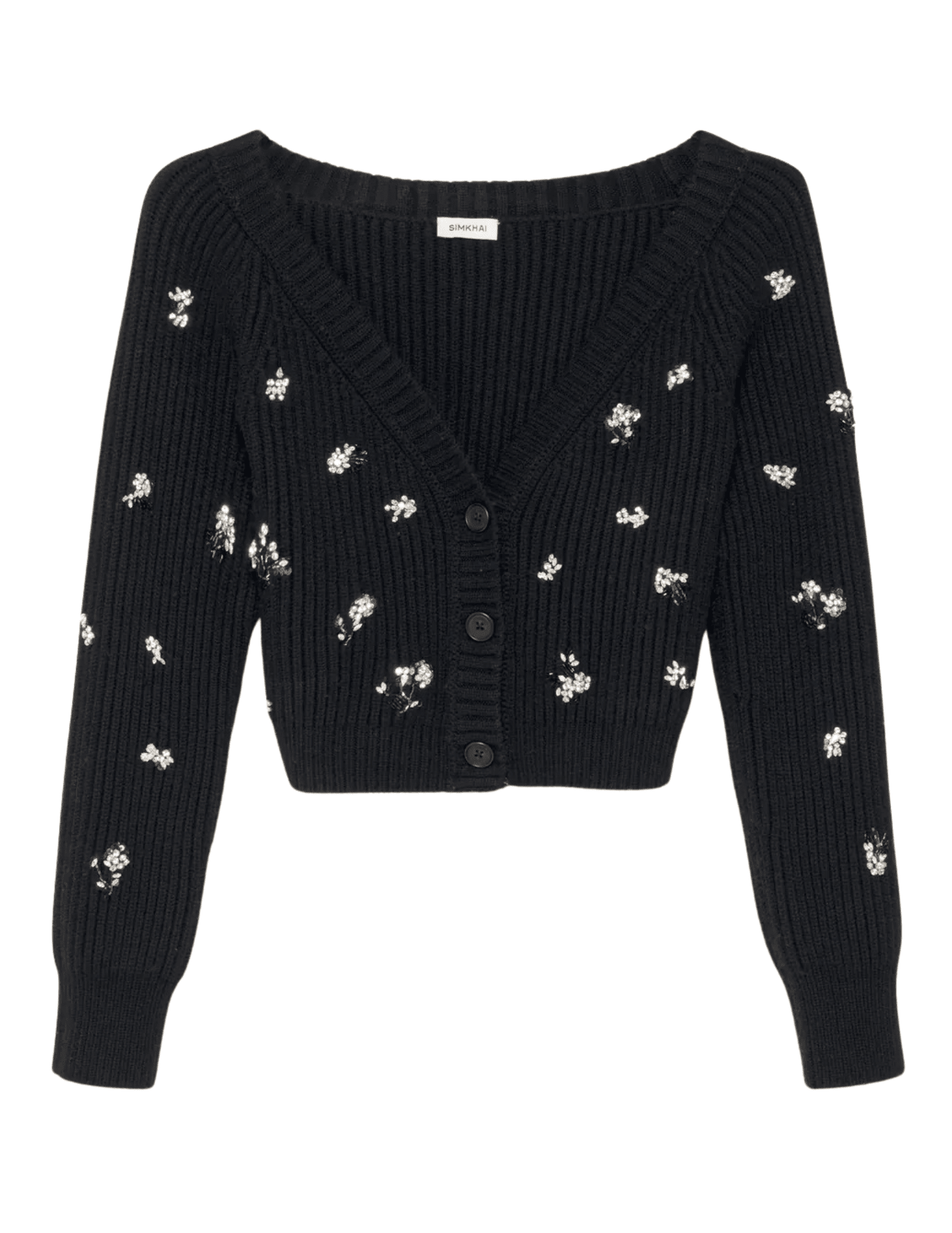 Simkhai Nova Embellished Cardigan in black with crystal details.