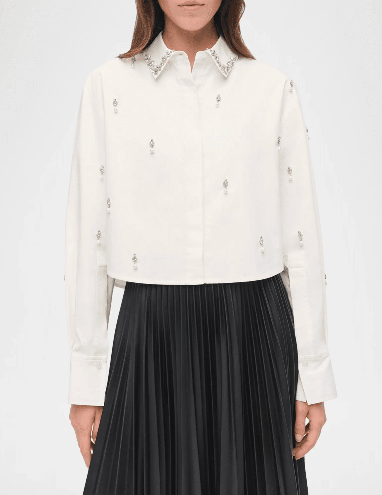 SIMKHAI Renata Embellished Cropped Shirt in White front view