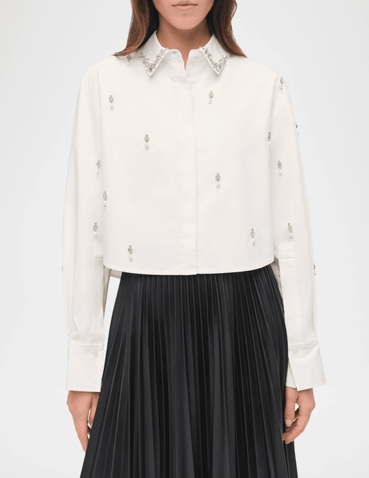 SIMKHAI Renata Embellished Cropped Shirt in White front view