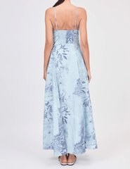 Back view of sky floral Simkhai bustier maxi dress with shirred back