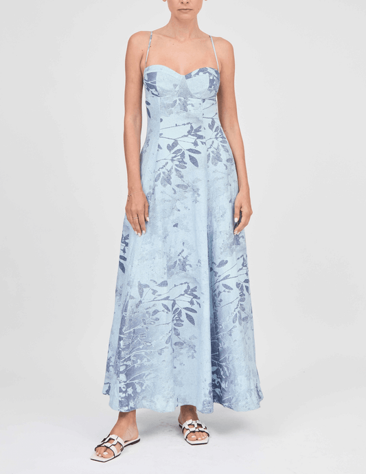 Front view of Simkhai Rudie Bustier Maxi Dress in Sky Floral