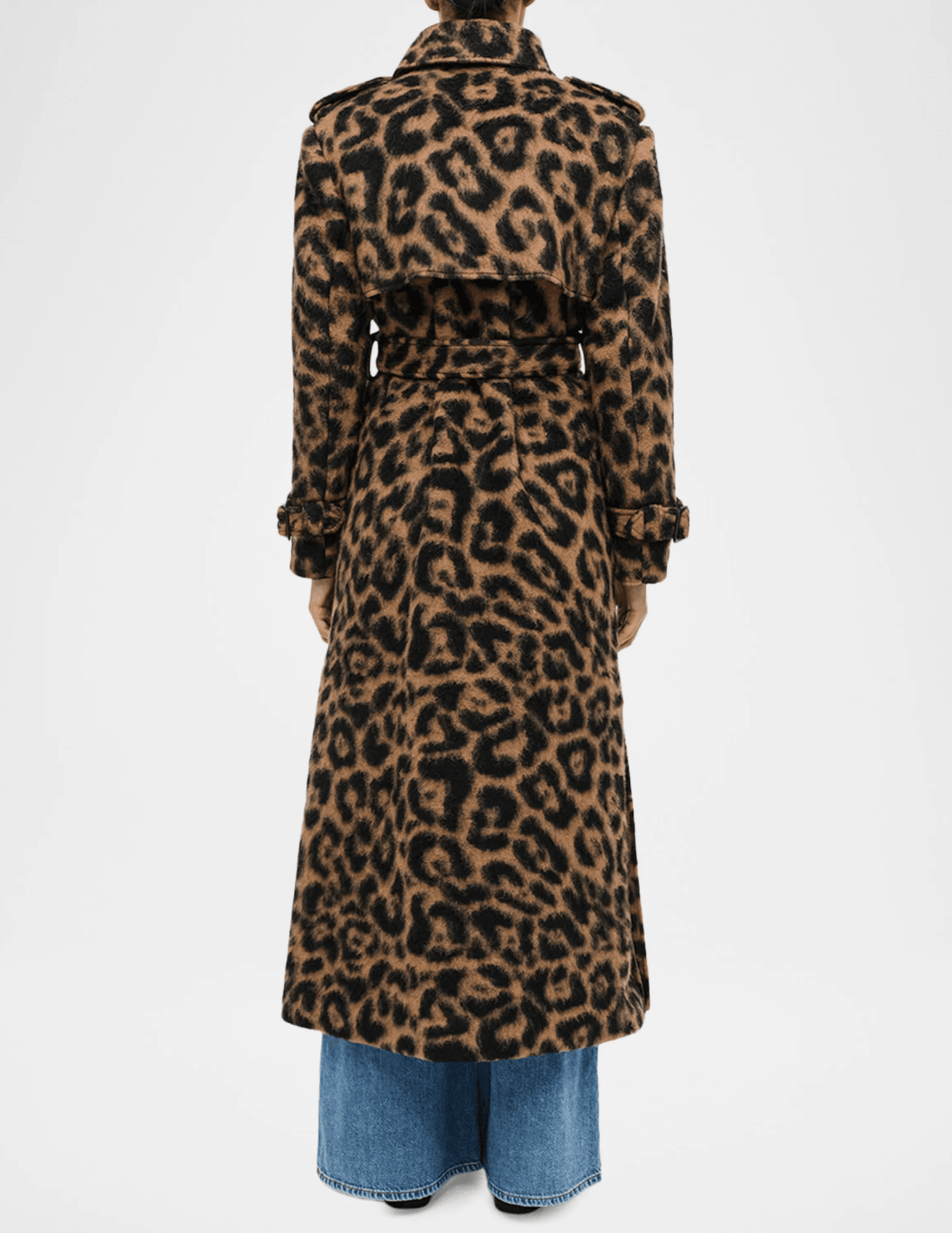 Back view of SIMKHAI Rumi Leopard Print Long Coat