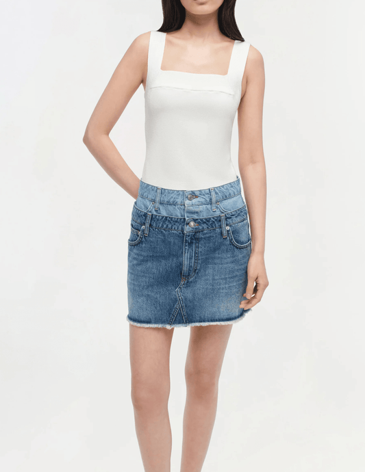 Simkhai Salix Double Waistband Denim Mini Skirt in Catalina Trancoso front model view