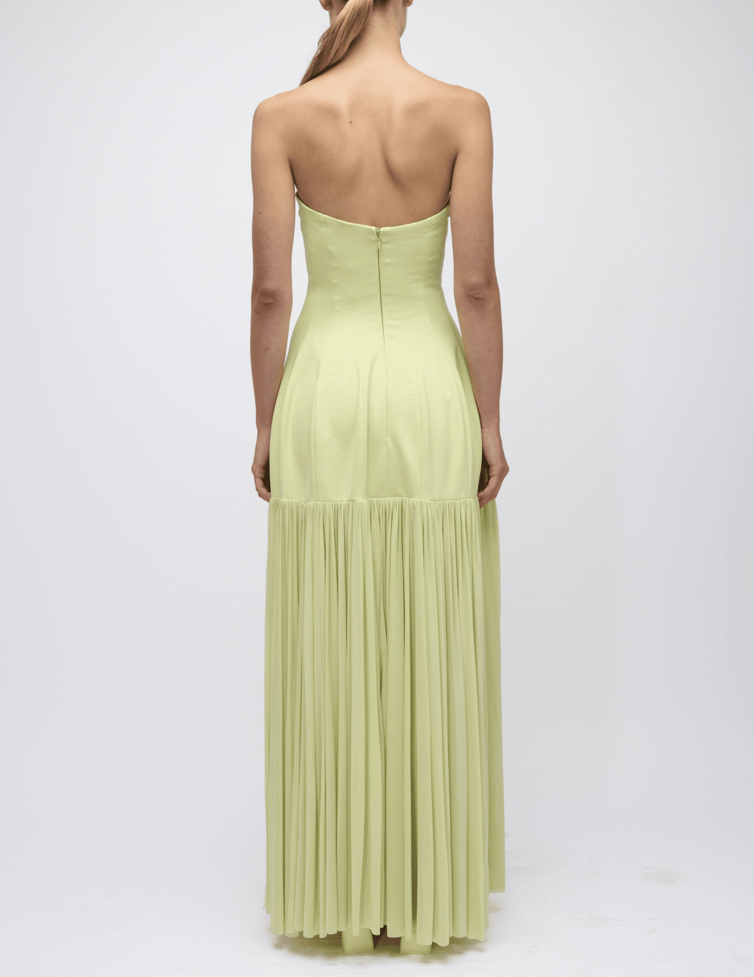 Back view of Simkhai Sandrine strapless maxi dress in celadon