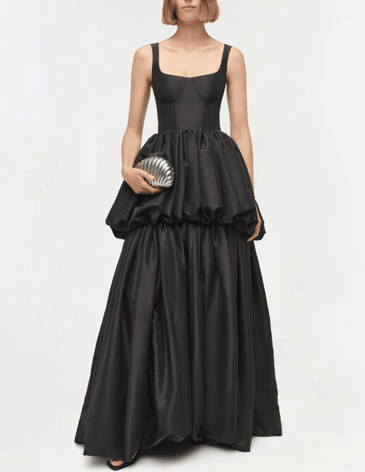 Front view of Simkhai Tabitha Double Bubble Gown in black