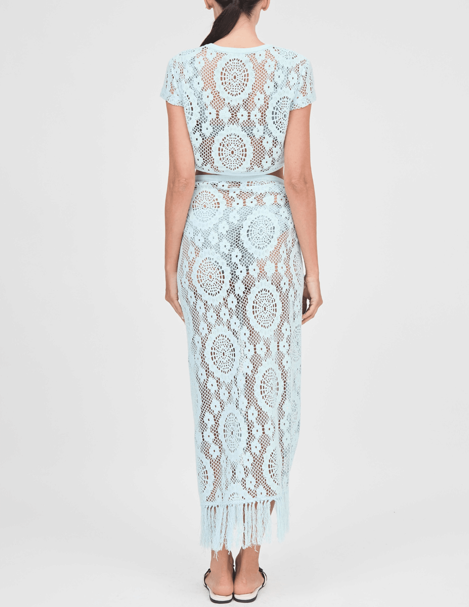 Back view of Simkhai Thyri Fringe Trim Crochet Pareo in Sky