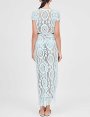 Back view of Simkhai Thyri Fringe Trim Crochet Pareo in Sky
