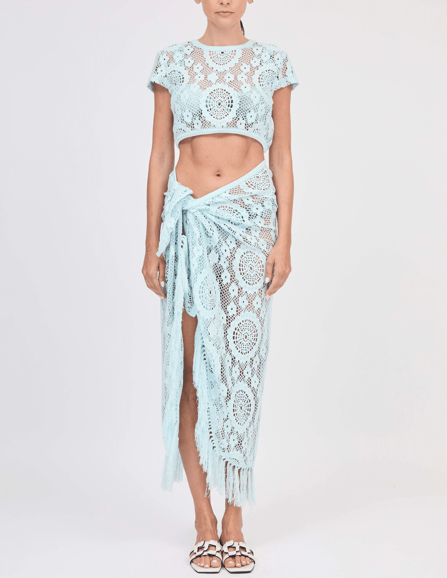 Front view of Simkhai Thyri Fringe Trim Crochet Pareo in Sky