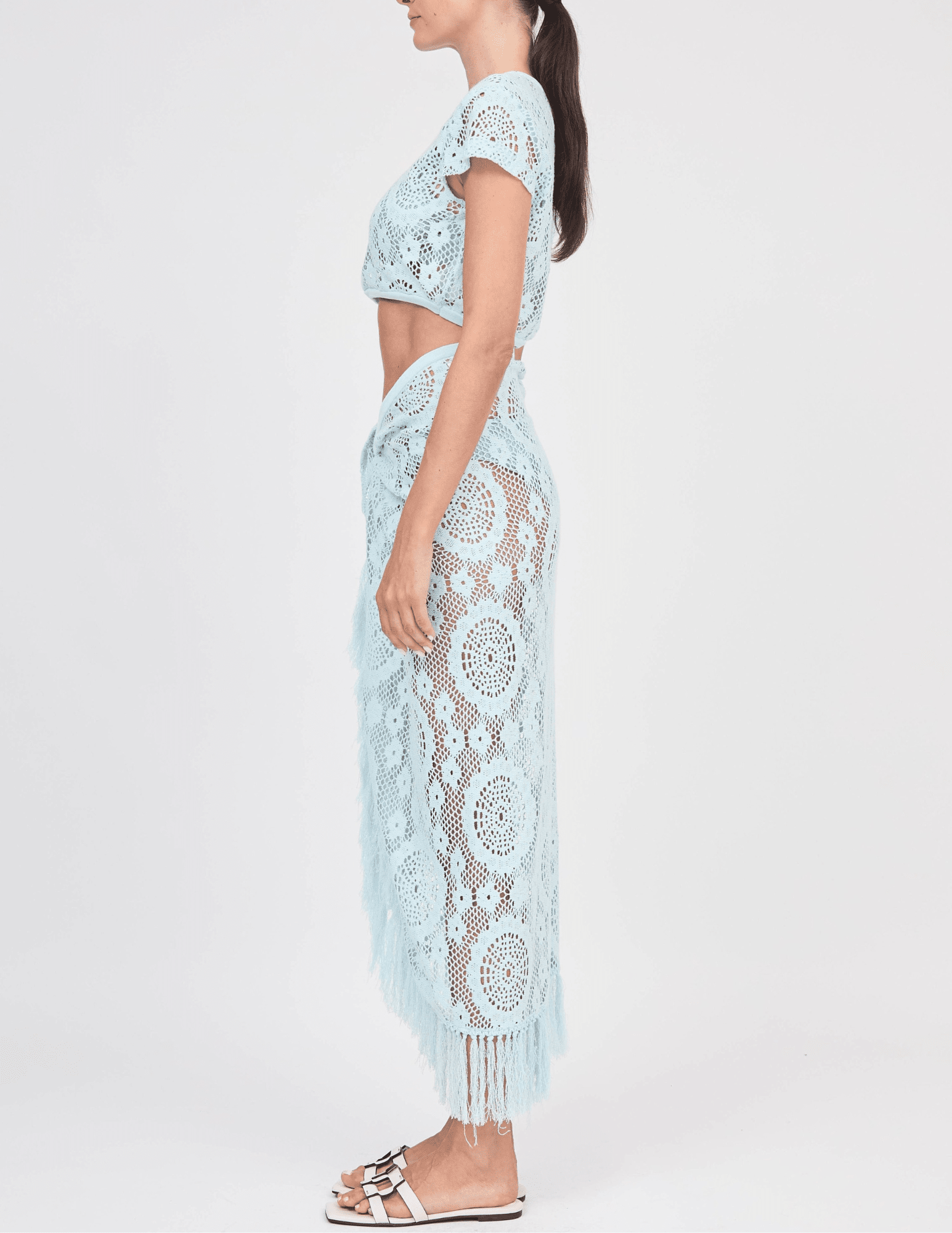 Side view of Simkhai Thyri Fringe Trim Crochet Pareo in Sky