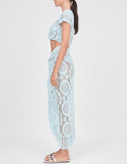 Side view of Simkhai Thyri Fringe Trim Crochet Pareo in Sky