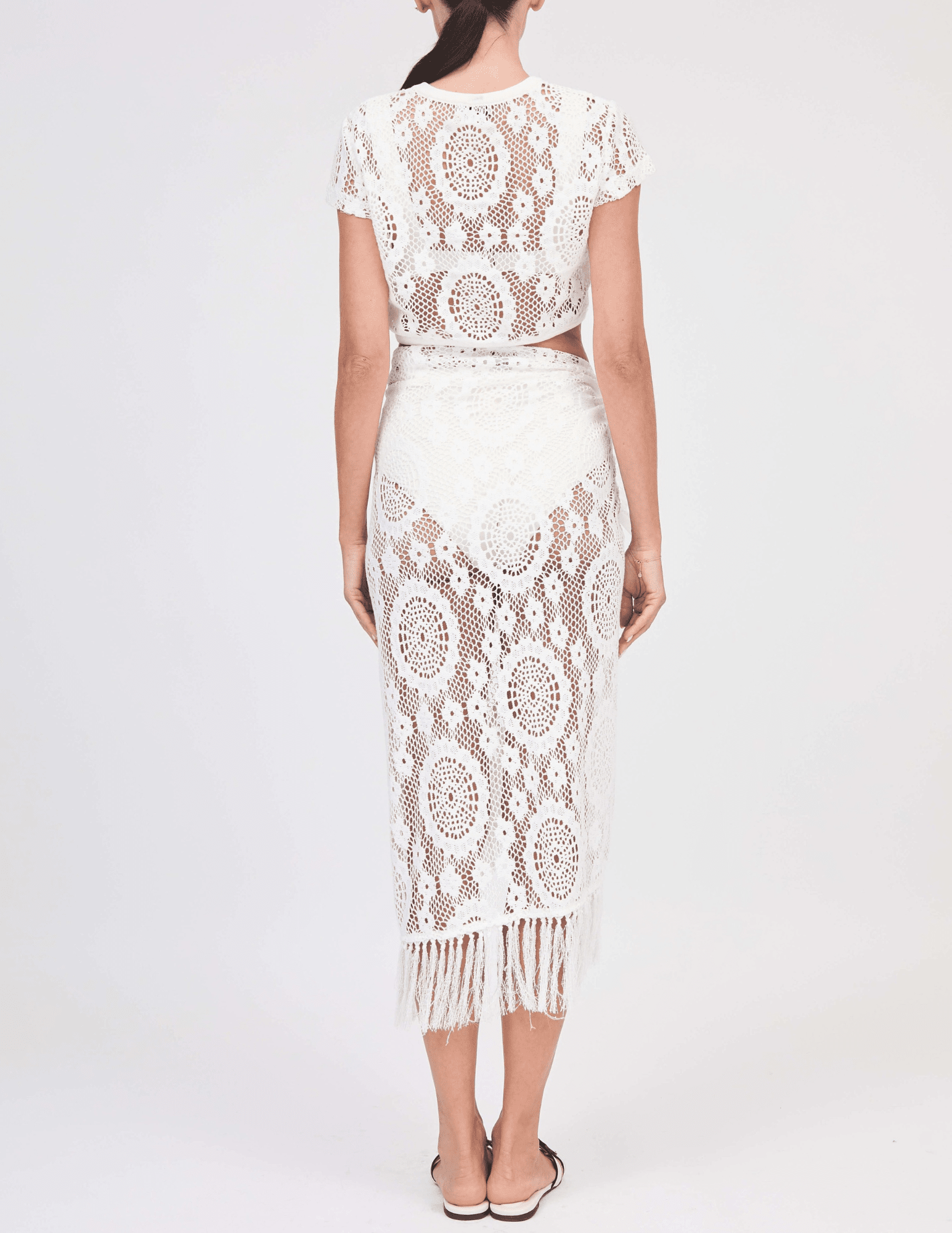 Back view of Simkhai Thyri Fringe Trim Crochet Pareo in white