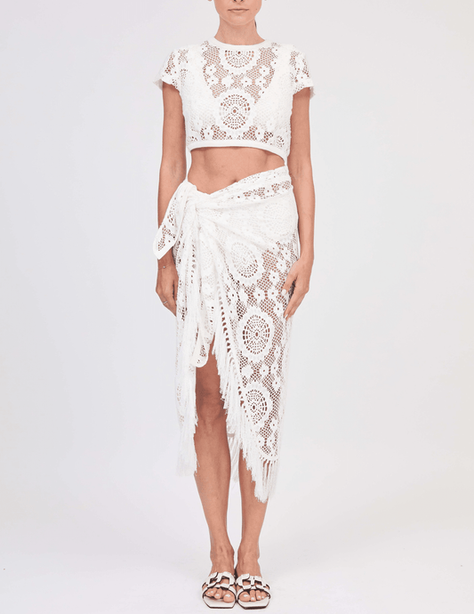 Front view of Simkhai Thyri Fringe Trim Crochet Pareo in white