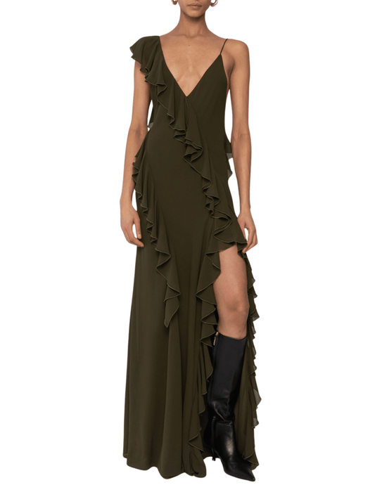 PRE-ORDER-Ronny Kobo Olivialle Asymmetrical Ruffle Maxi Dress