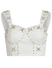 PatBO Hand-beaded Denim Cropped Bustier Top