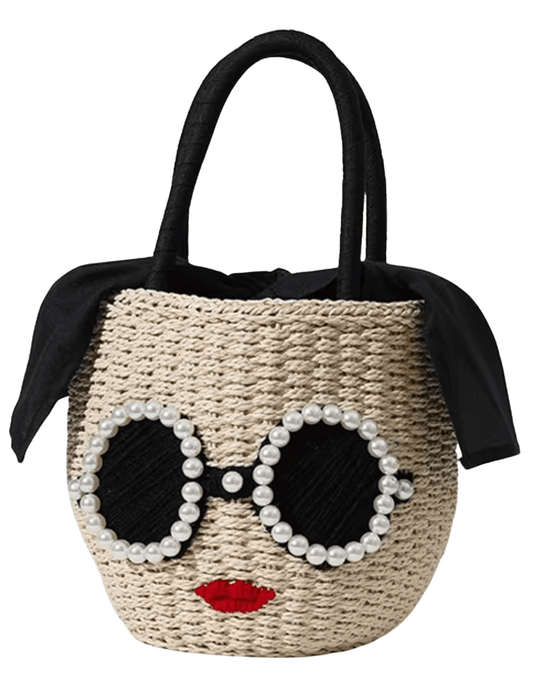 St. Barth Chloe Face straw basket tote bag in sand and black with pearl sunglasses applique