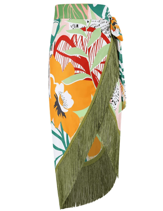 St. Barths La Robe Abstract Floral Fringe Sarong with olive green fringe trim