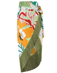 St. Barths La Robe Abstract Floral Fringe Sarong with olive green fringe trim