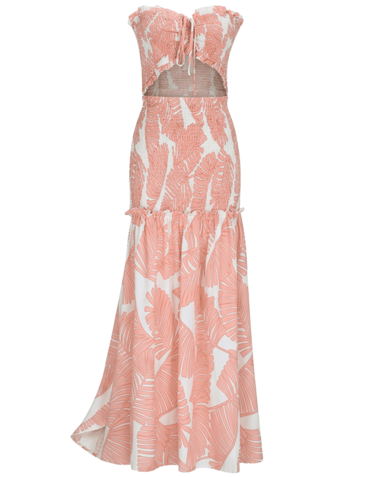 St Barths Cecilia coral tropical palm maxi dress strapless
