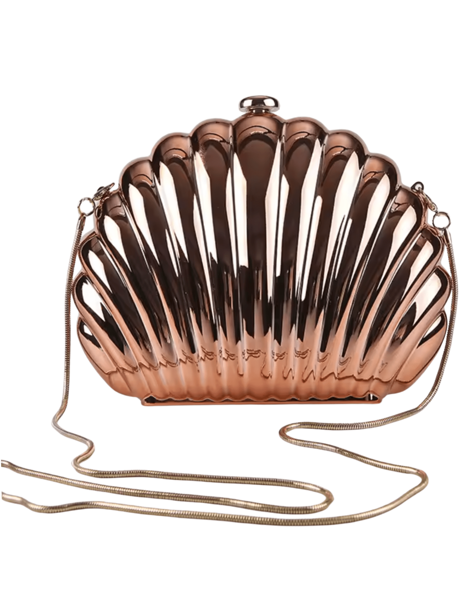 Rose gold shell clutch bag with chain strap