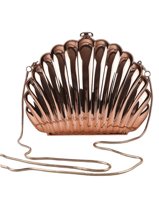 Rose gold shell clutch bag with chain strap