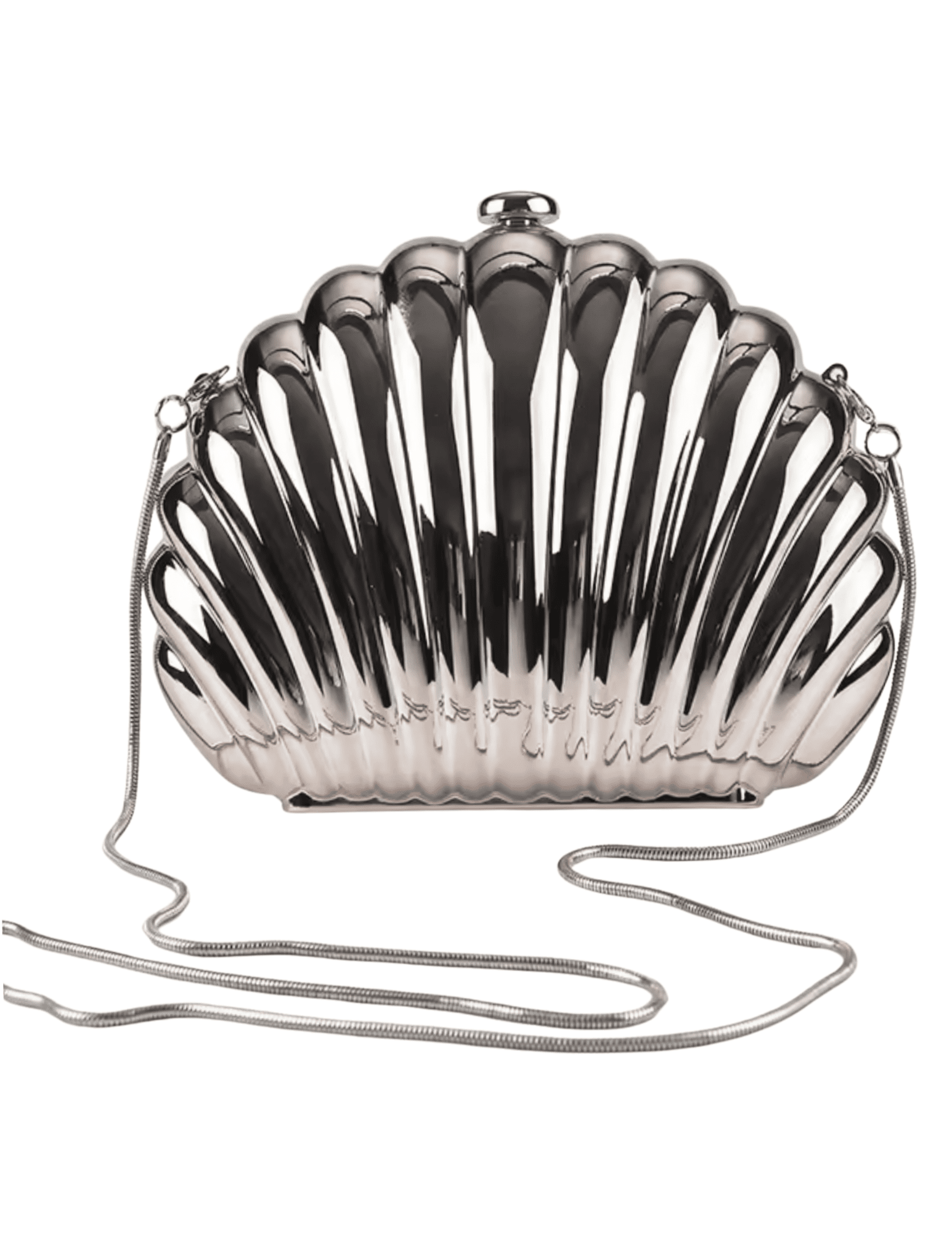 Silver shell clutch bag with removable chain strap