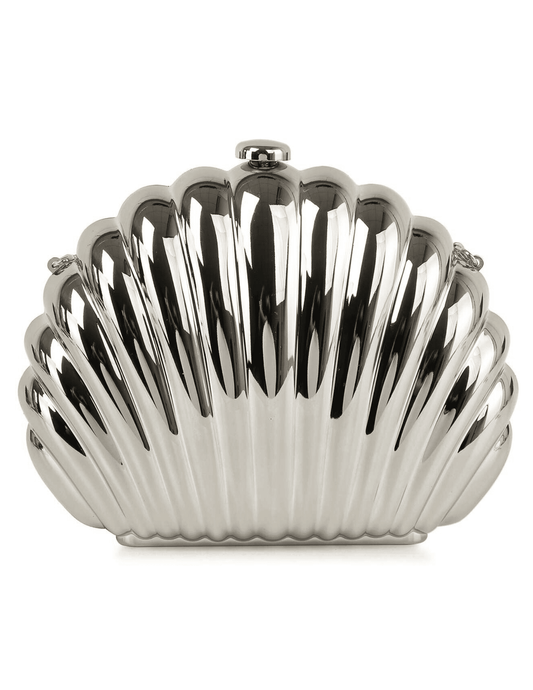 St. Barths La Robe clamshell crossbody clutch in metallic silver