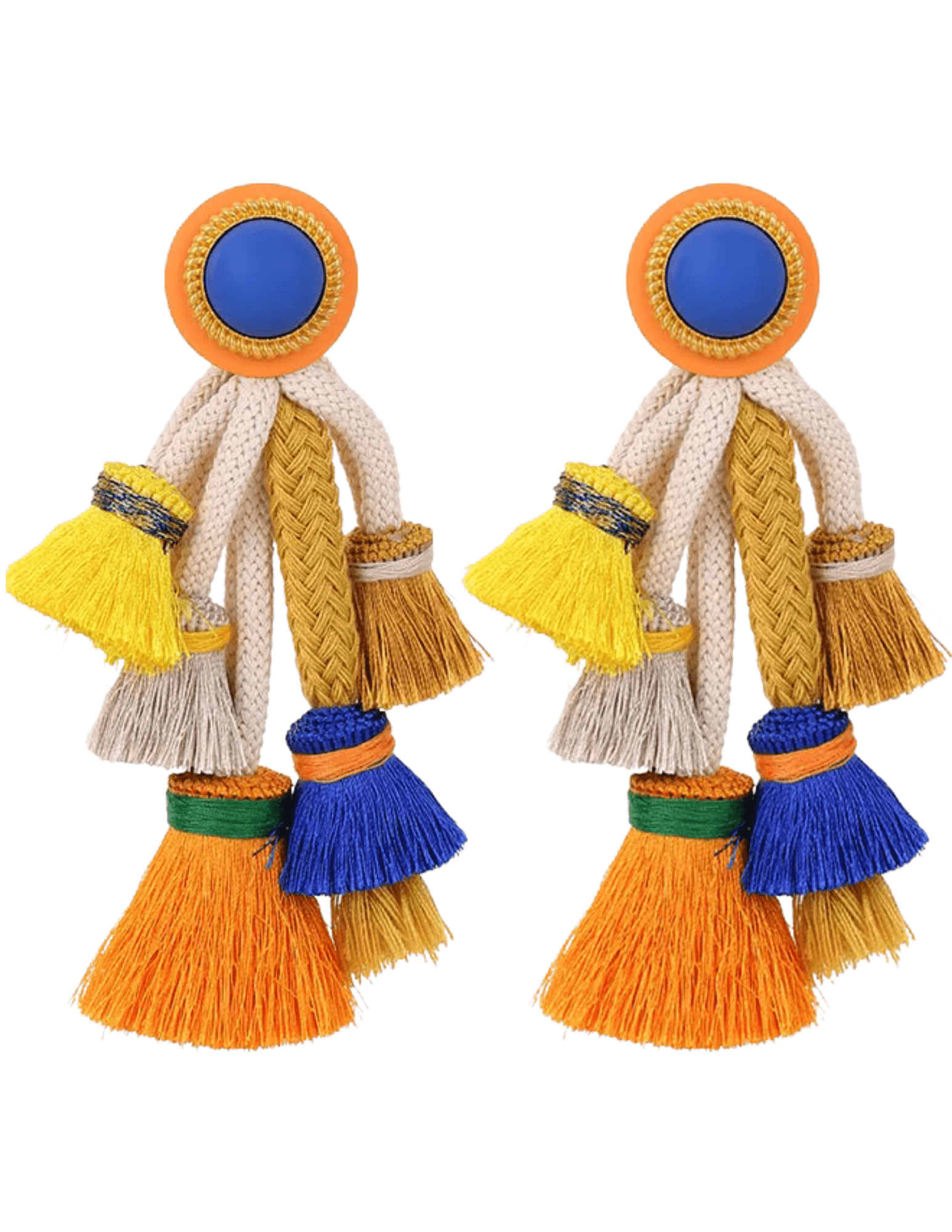 St. Barths Collie rope tassel statement earrings in orange blue multi