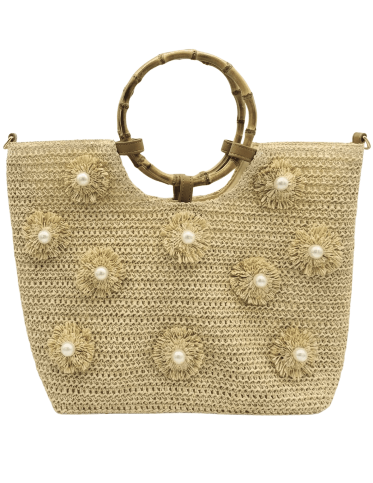St. Barths Daisy straw tote bag in sand with pearl floral details