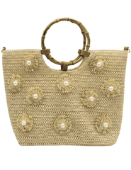 St. Barths Daisy straw tote bag in sand with pearl floral details