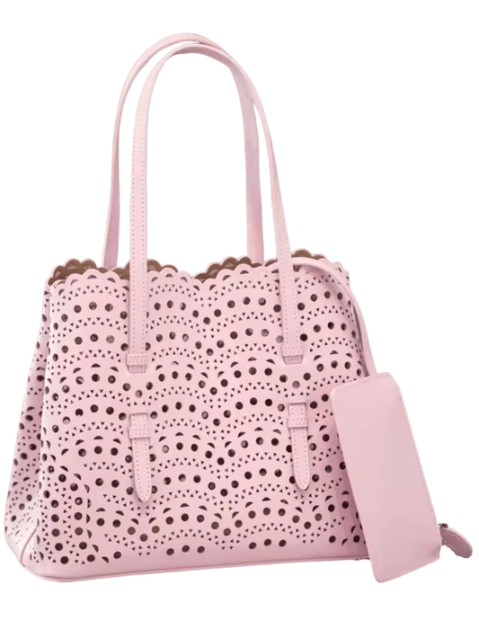 Light pink laser cut shopper tote bag with top handles