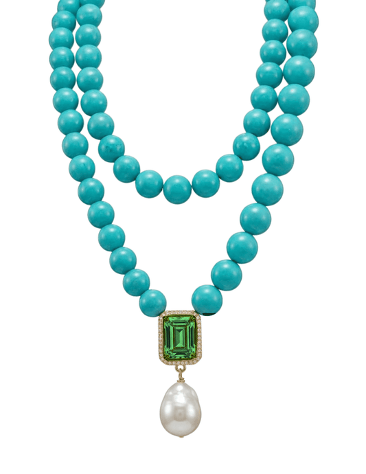 St. Barths La Robe - PRE-ORDER-St. Barths La Robe Erika Turquoise Bead CZ Pendant Layered Necklace -GREEN