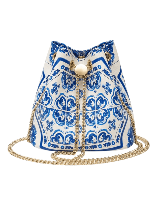 St. Barths Gina mini bucket bag blue Mediterranean tile print with gold chain