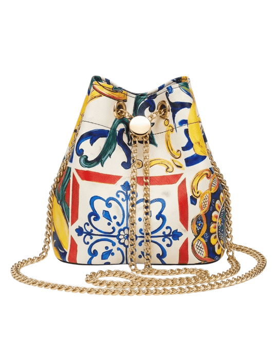 St. Barths Gina mini bucket bag white multi Mediterranean tile print with gold chain