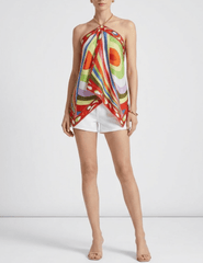 St. Barths rainbow kaleidoscope scarf halter top with chain neckline fromt