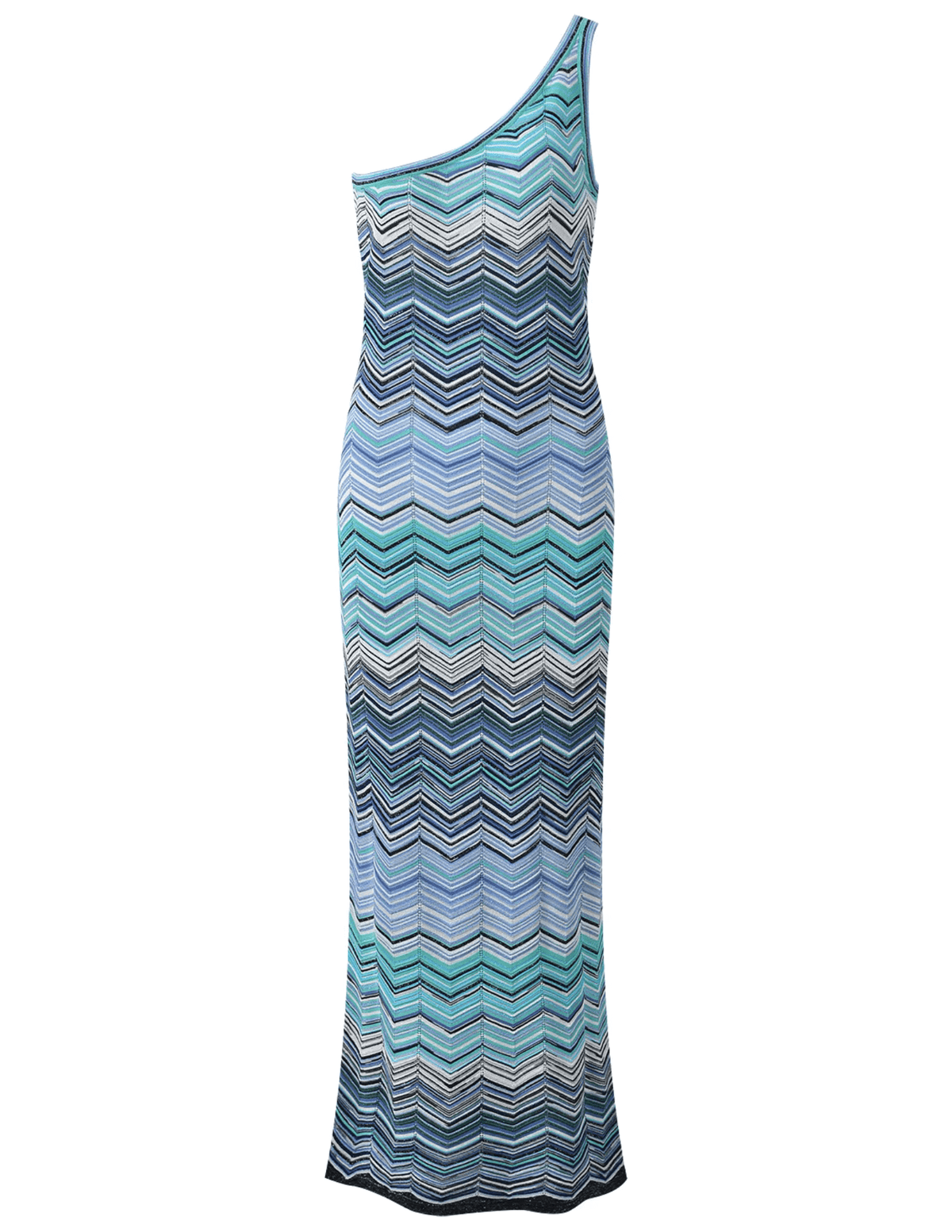 St. Barths one shoulder knit midi dress in aqua chevron pattern