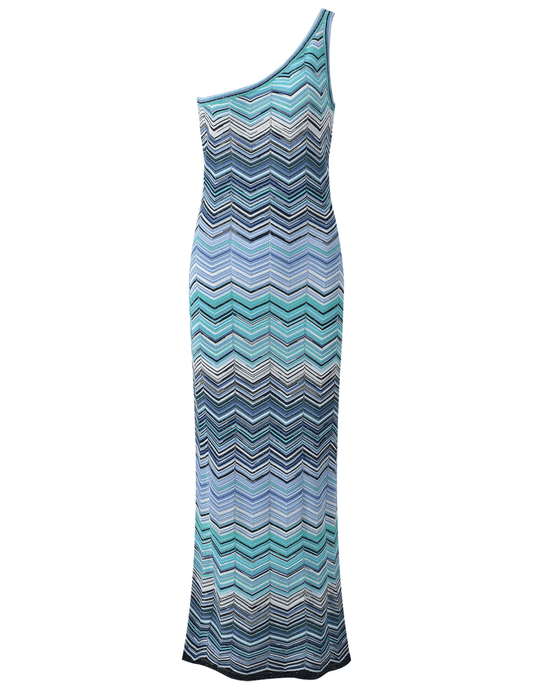 St. Barths one shoulder knit midi dress in aqua chevron pattern