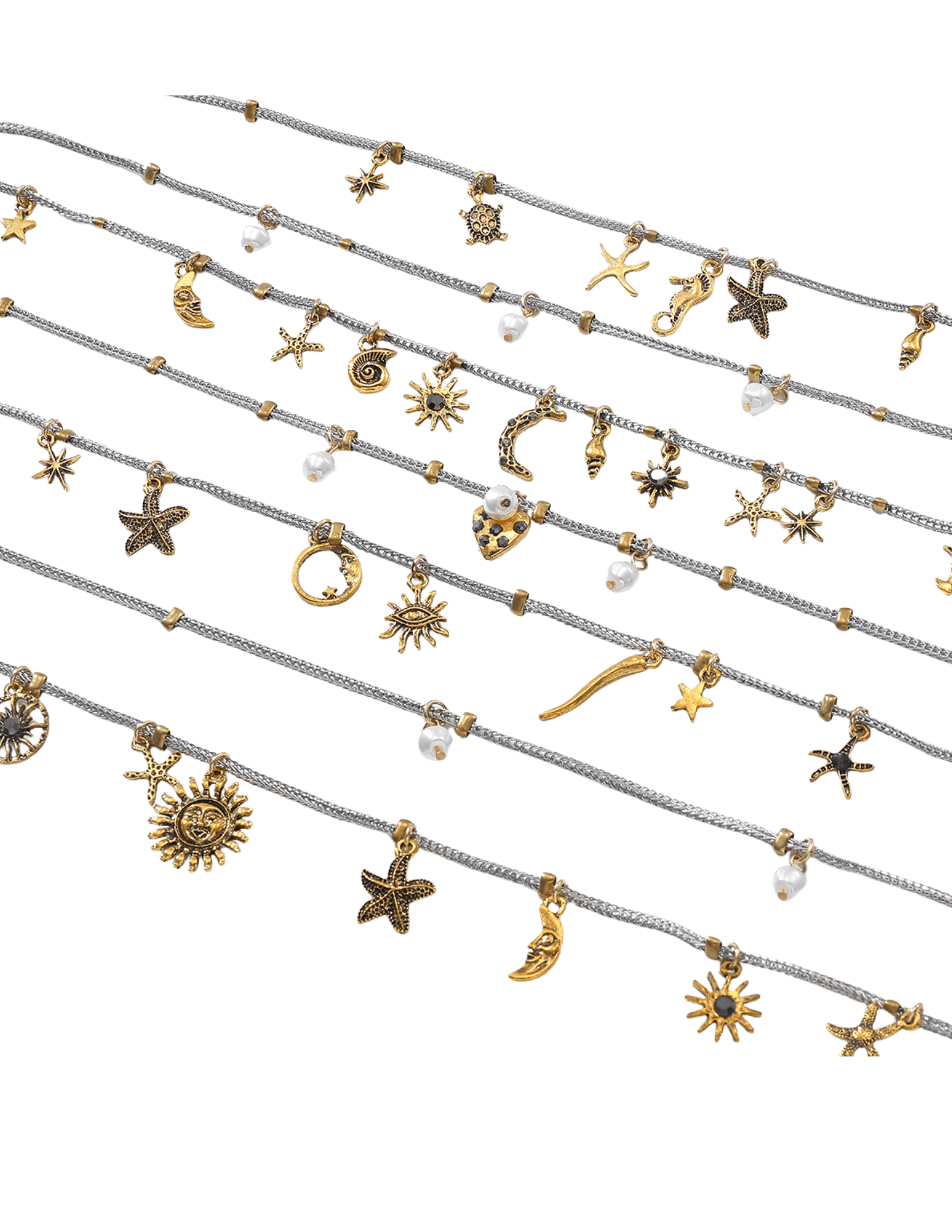 Detailed view of pearl-inspired charms and gold-tone accents on layered necklace.