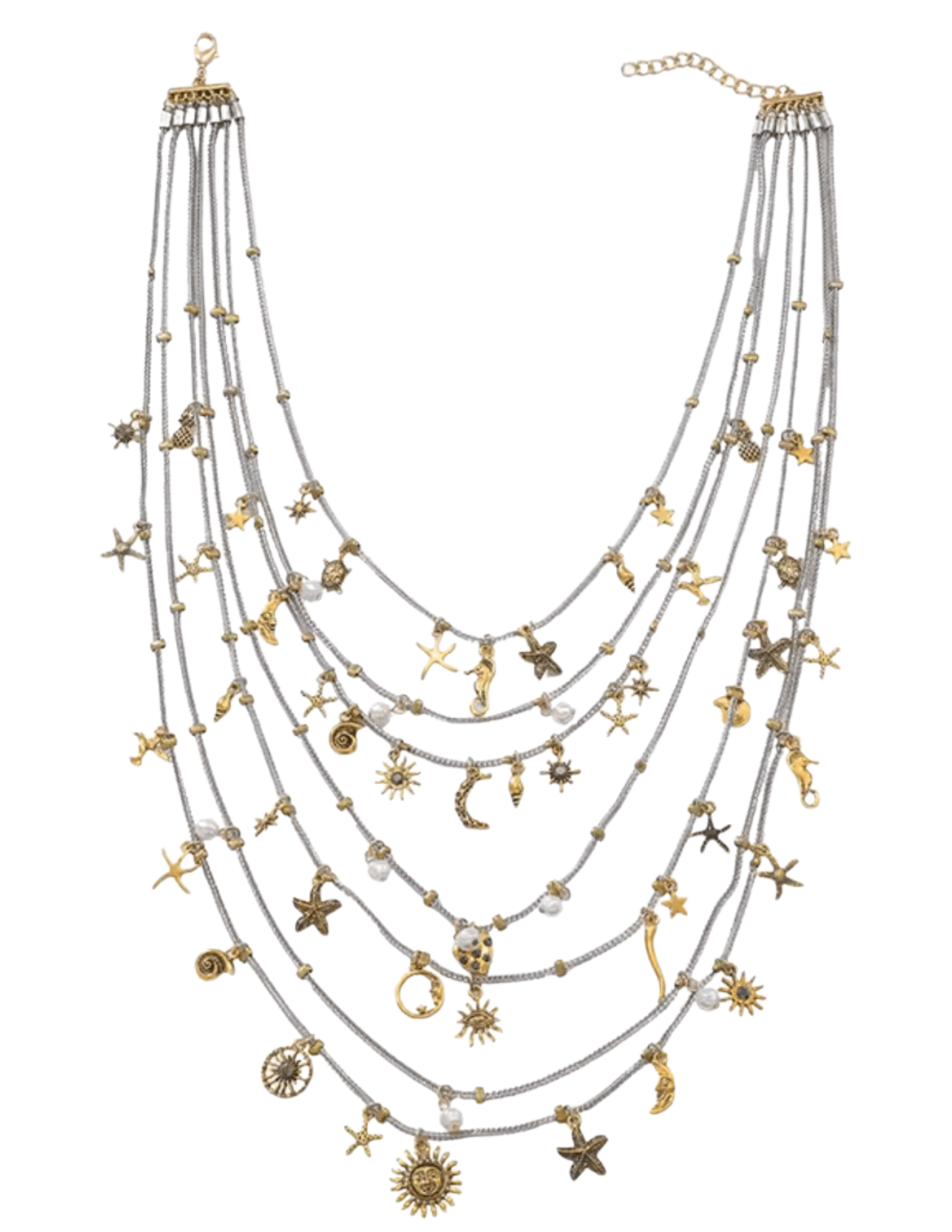 St. Barths La Robe Jojo Layered Charm Necklace in silver and gold with multi-strand chains.”