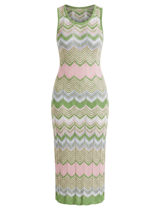 St. Barths chevron knit midi dress in light green multi