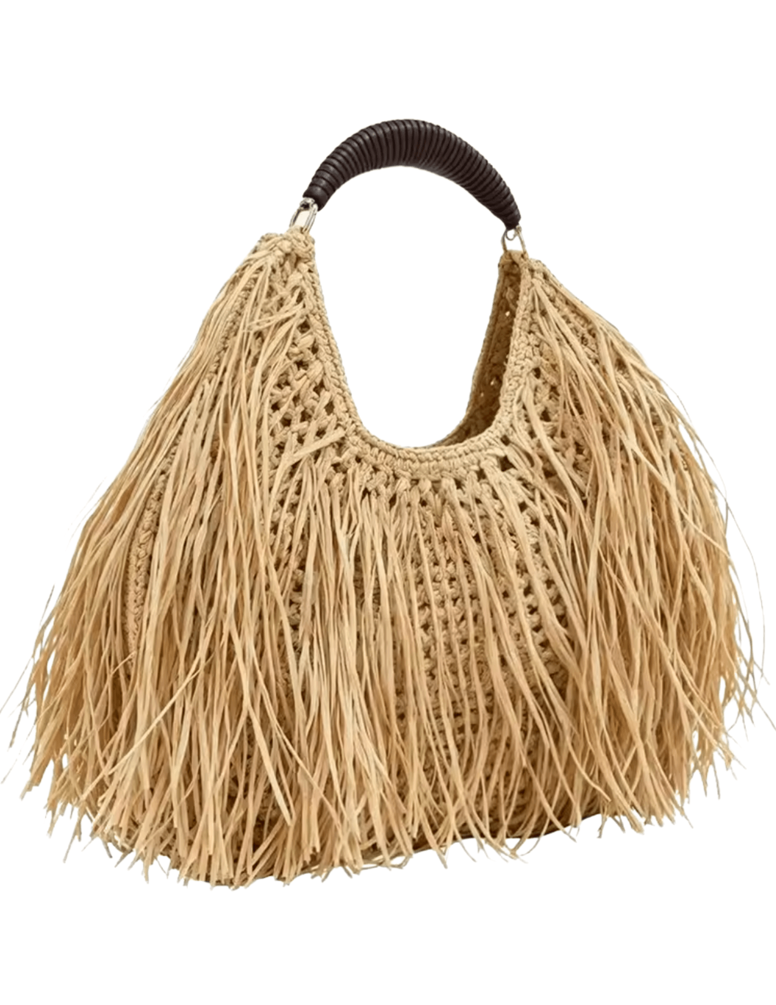 Side view of St. Barths Kayla straw fringe handbag in natural